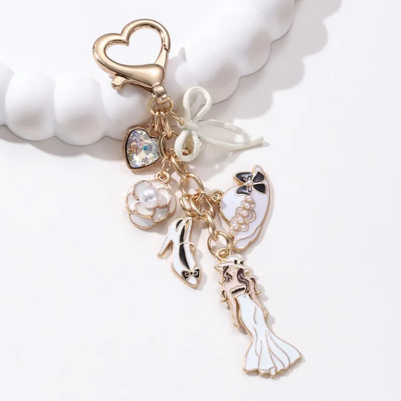 Elegant Woman Hat Bow High Heels Enamel Keychain Heart Lipstick Key Ring For Girls Good Gift Decoration Handmade Jewelry