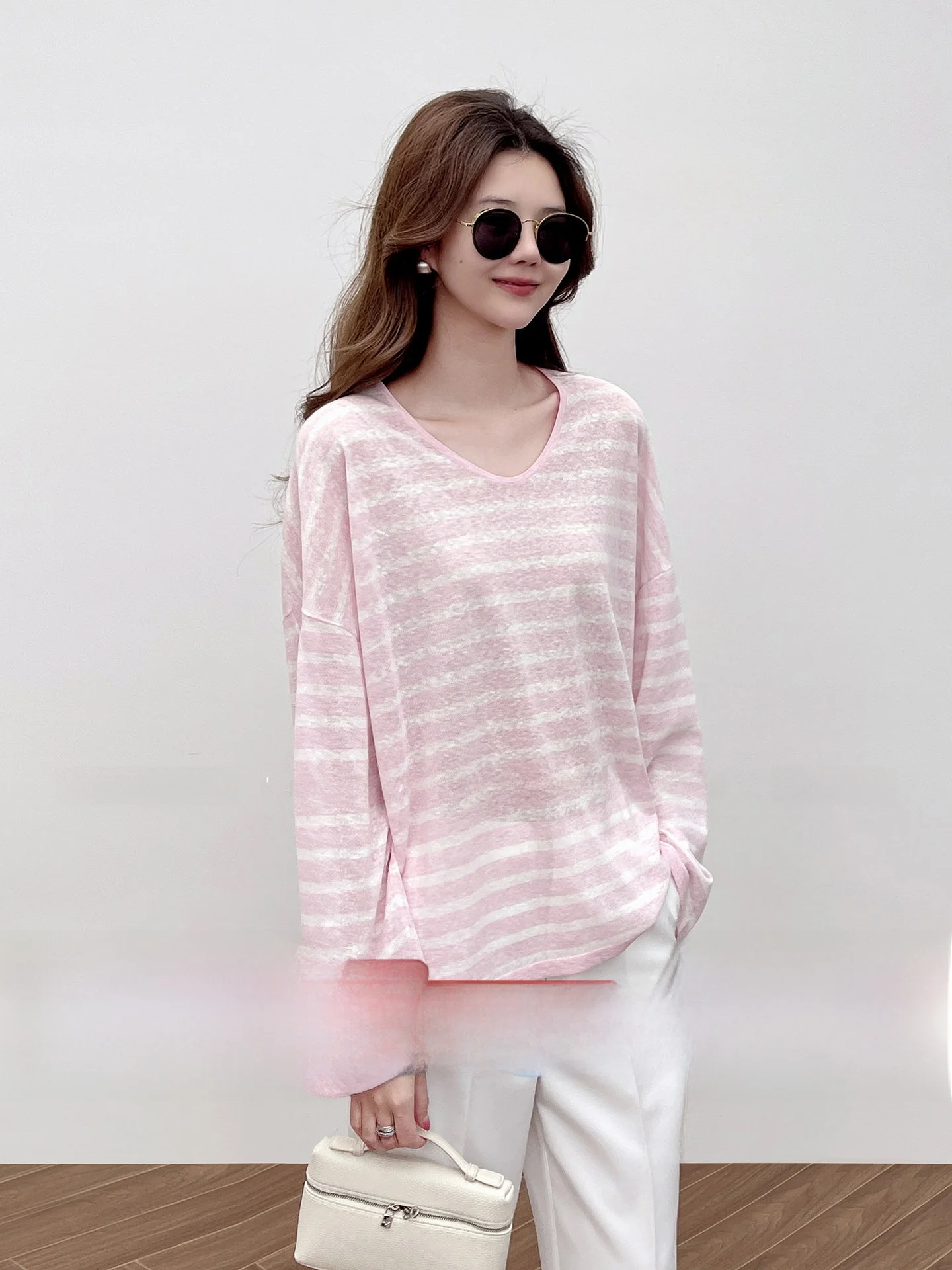 

Korean Fashion Linen Cotton Long Sleeve V-Neck Loose Casual T-Shirt Women's Top Machine Washable Ultra-Thin Striped Tee