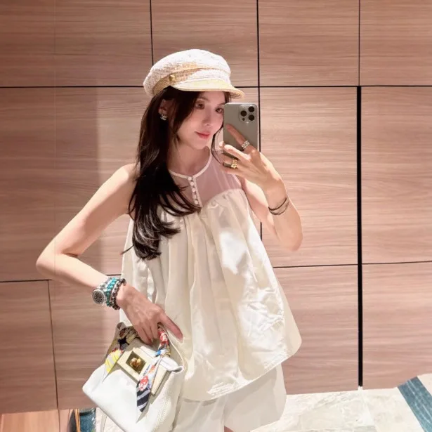 

Gagarich 2025 Summer New Japanese Blogger Niche Design Organza Splicing Sleeveless Slimming Vest Shirt Top