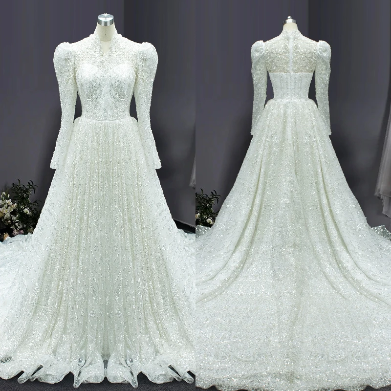 Luxury Ball Gown Wedding Dresses High Neck Paillette Lace Long Sleeve Bridal Gown Court Train Vestido De Noiva Customized