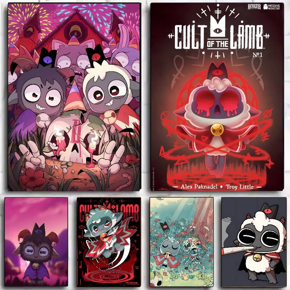 Spiel C-Cult of the Lamb Poster Selbstklebende Kunst Wasserfester Papieraufkleber Kaffeehaus Bar Wohnheim Zimmer Wanddekoration