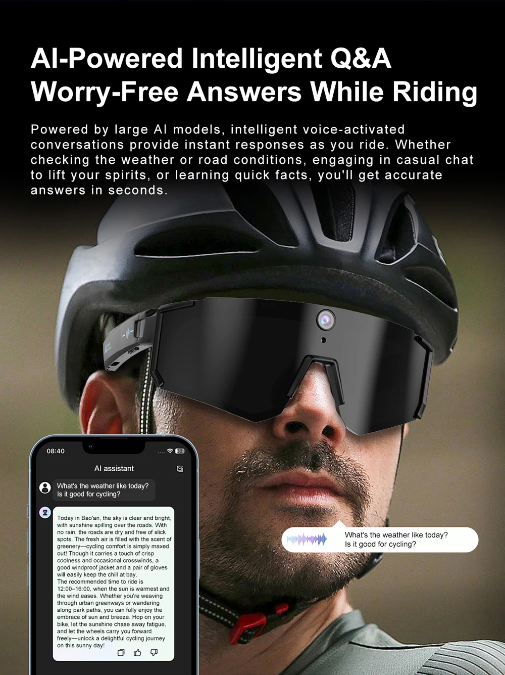 AI Smart Cycling Glasses 8MP HD Camera Sports Sunglasses Men Translation Video Recording WiFi 6 BLE 4.2 Bluetooth Call Anit UV