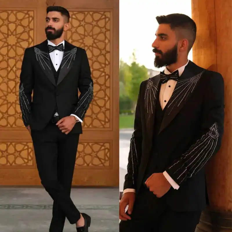 Formal Wedding Tuxedos Beaded Peaked Lapel One Button Men Suit Design Jacket Pants Groom Evening Prom Blazers Customized