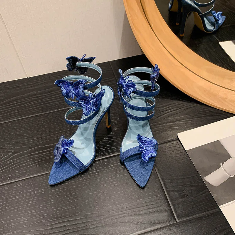 Sexy Denim ricamo farfalla nodo sottile tacchi alti sandali donna punta a punta a forma di serpente scarpe da festa con spalline alla caviglia blu