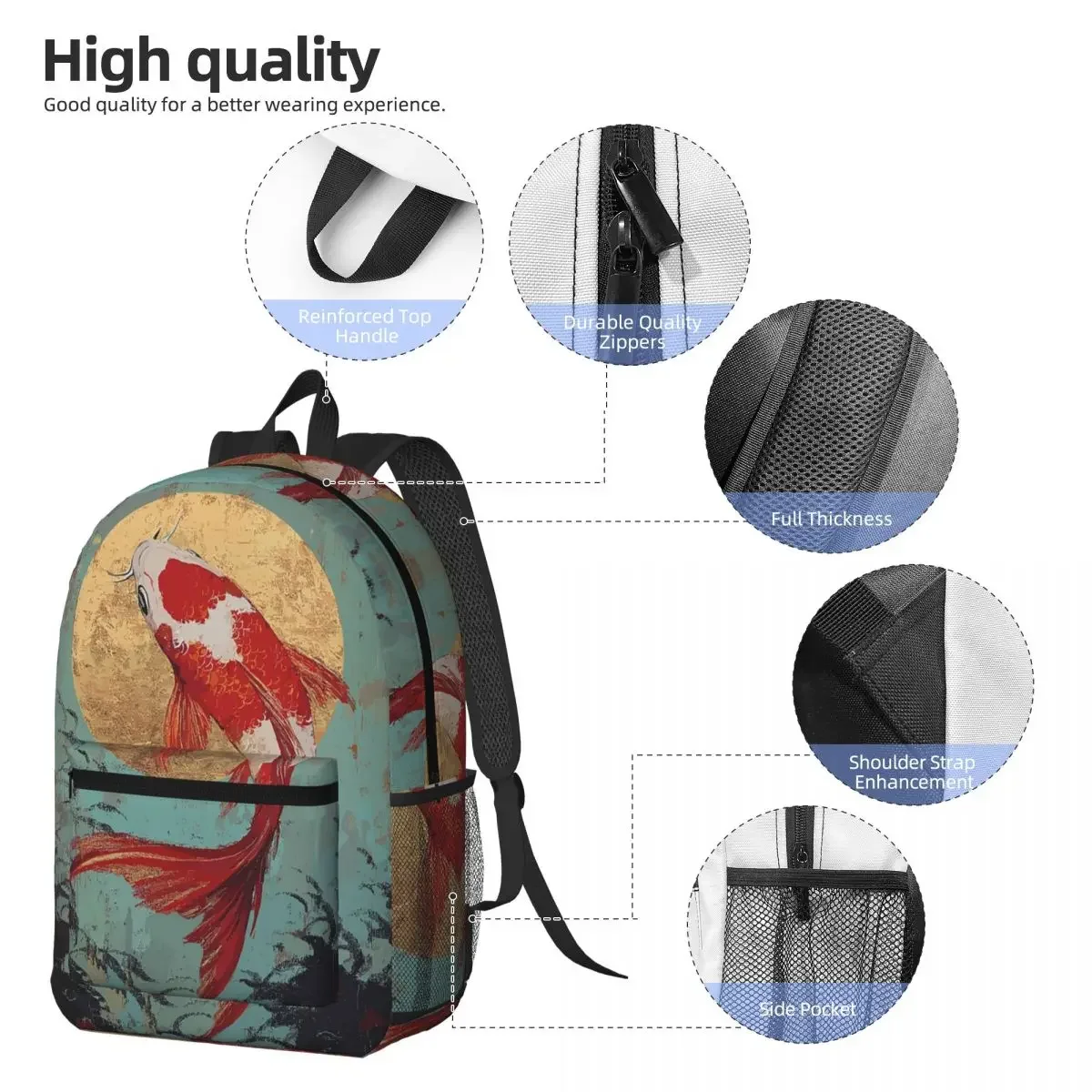 Lucky Koi Fish Painting Art Backpack Daypack Large Capacity Children BookBag School Bag Shoulder Bags for Men Women