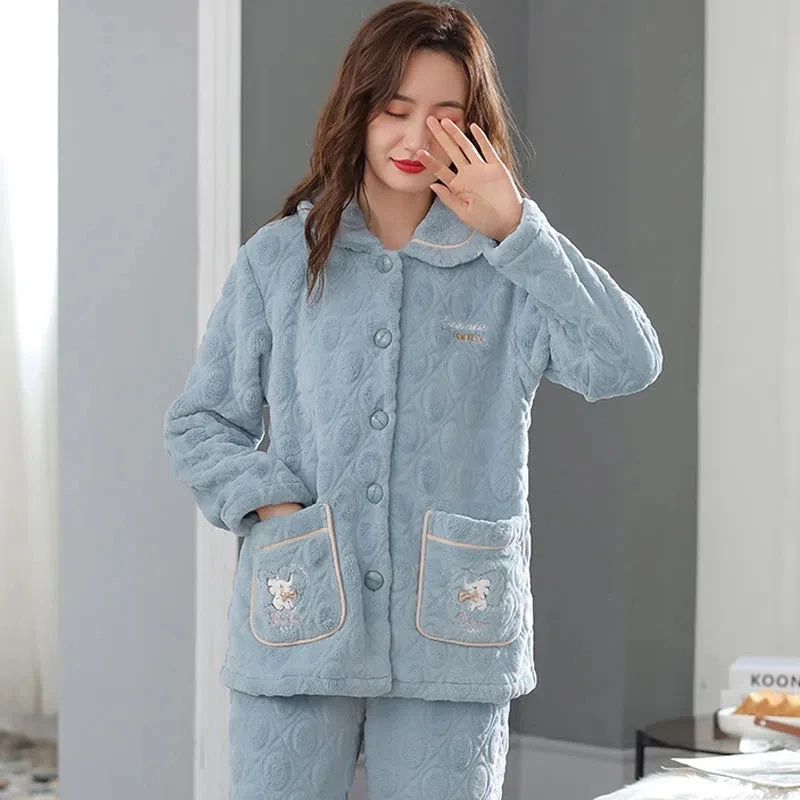 Two-piece coral Fleece Pajamas Women\'s 2022 Autumn Winter Loose Flannel Cardigan Homewear Warm Thicken Female Casual Pajamas Set