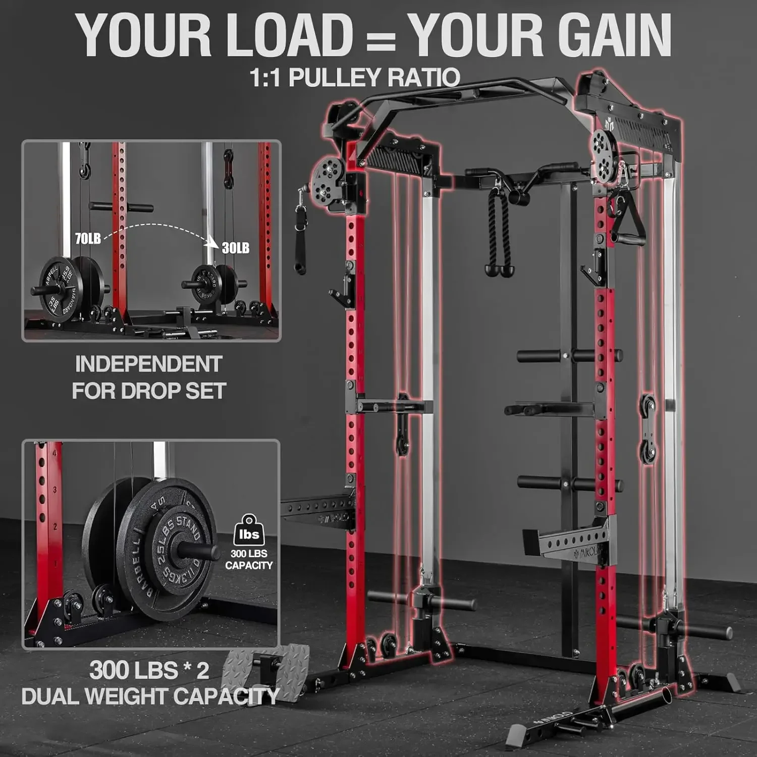 Power Cage, 2000LB Squat Rack, Dual Pulley Cable Crossover System, Multi-function Free Weight Home Gym Workout Machine with Atta