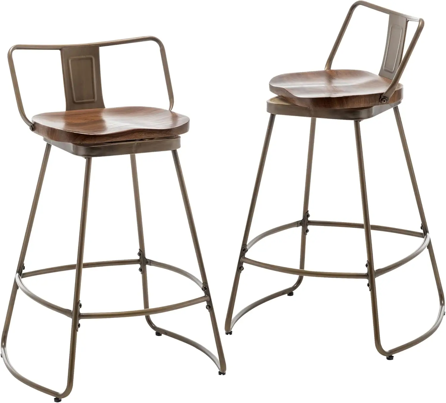 26" Swivel Bar Stools with Backs Set of 2 Metal Counter Height Stools with Wooden Seat Industrial Bar Chairs