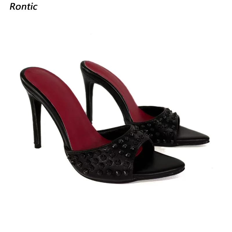

Rontic Handwork Женские сандалии-мюли из искусственной кожи Сексуальные заклепки на шпильке с круглым носком Элегантные черные туфли для вечеринок Размер 34, 45, 47 52