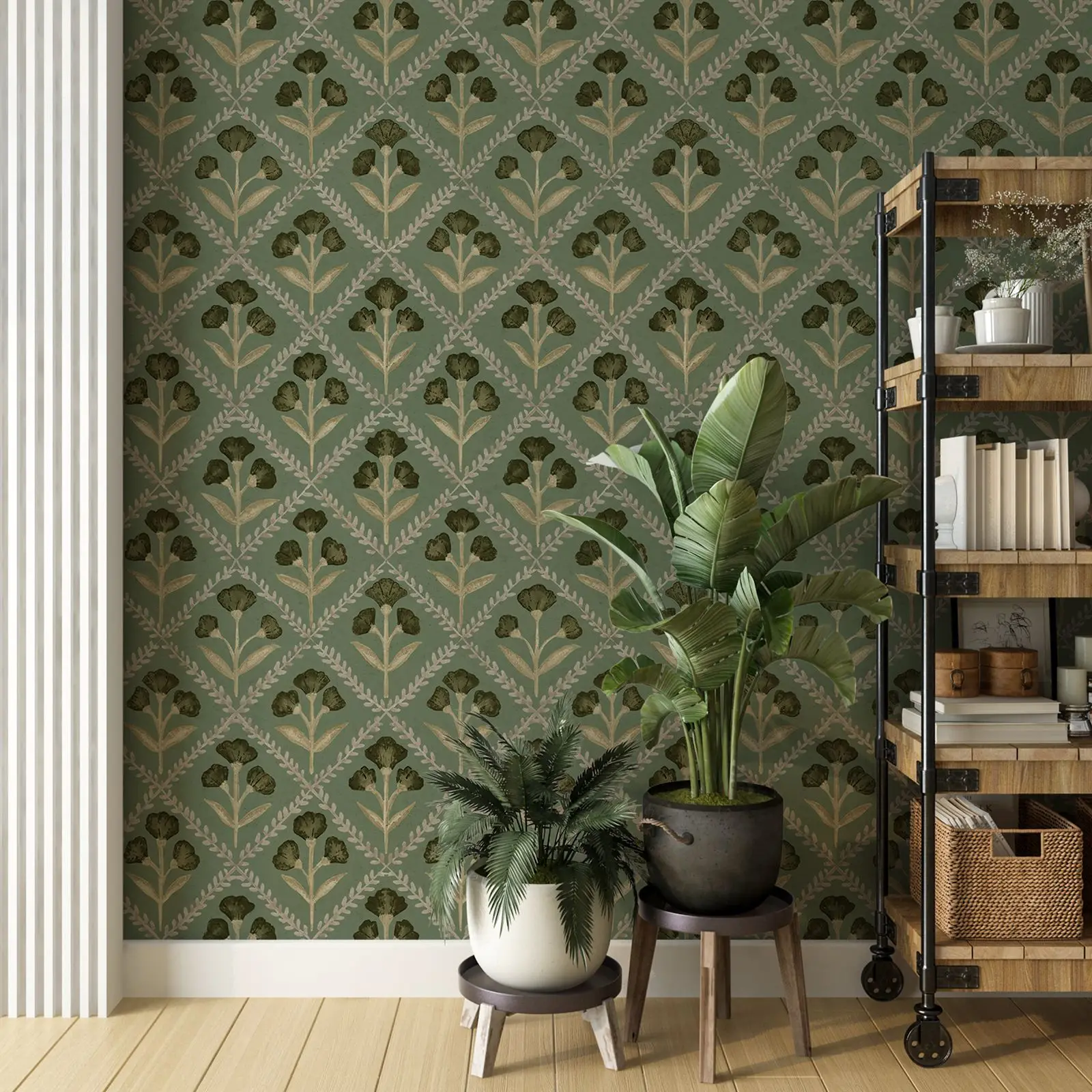 Green Modern Plants Wallpapers,Black Floral Wall Wallpaper,Geometric Design Decorative Wall Decals,Self-adhesive Or Traditional