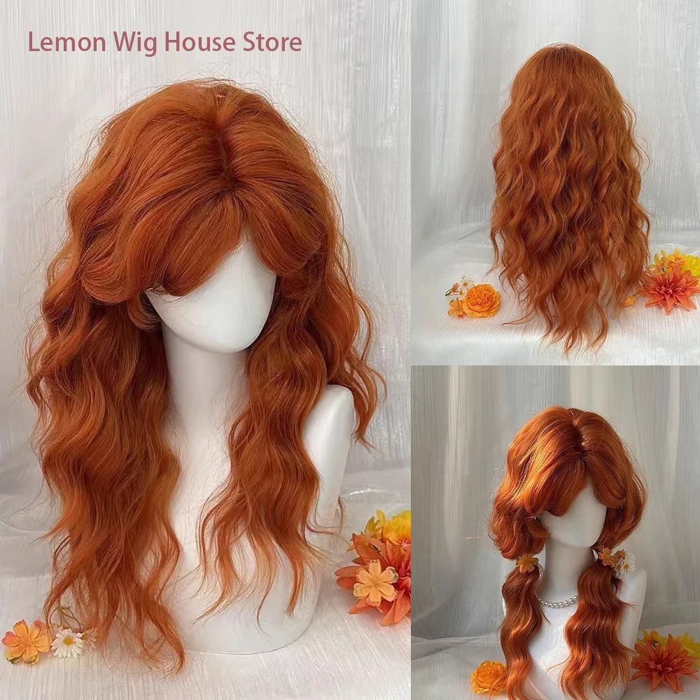 

Long Water Wave Orange Fiber Wig for Women Daily Use Synthetic Hair Lolita Cosplay Wig Halloween Costume Wigs Heat Resistant