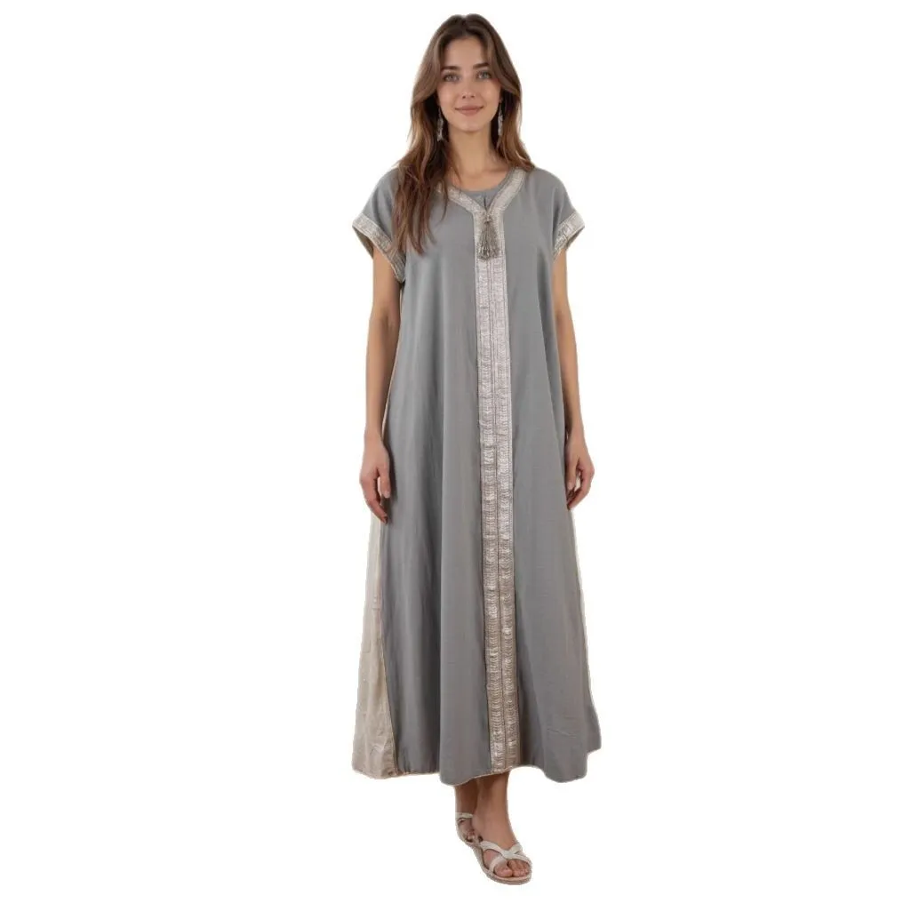 ชุดเดรสยาวแบบอาบายะห์สำหรับผู้หญิง ผ้าต่อหน้าหลัง แต่งลูกไม้สีเงิน ดีไซน์หรูหรา สไตล์อิสลาม แฟชั่นดูไบ