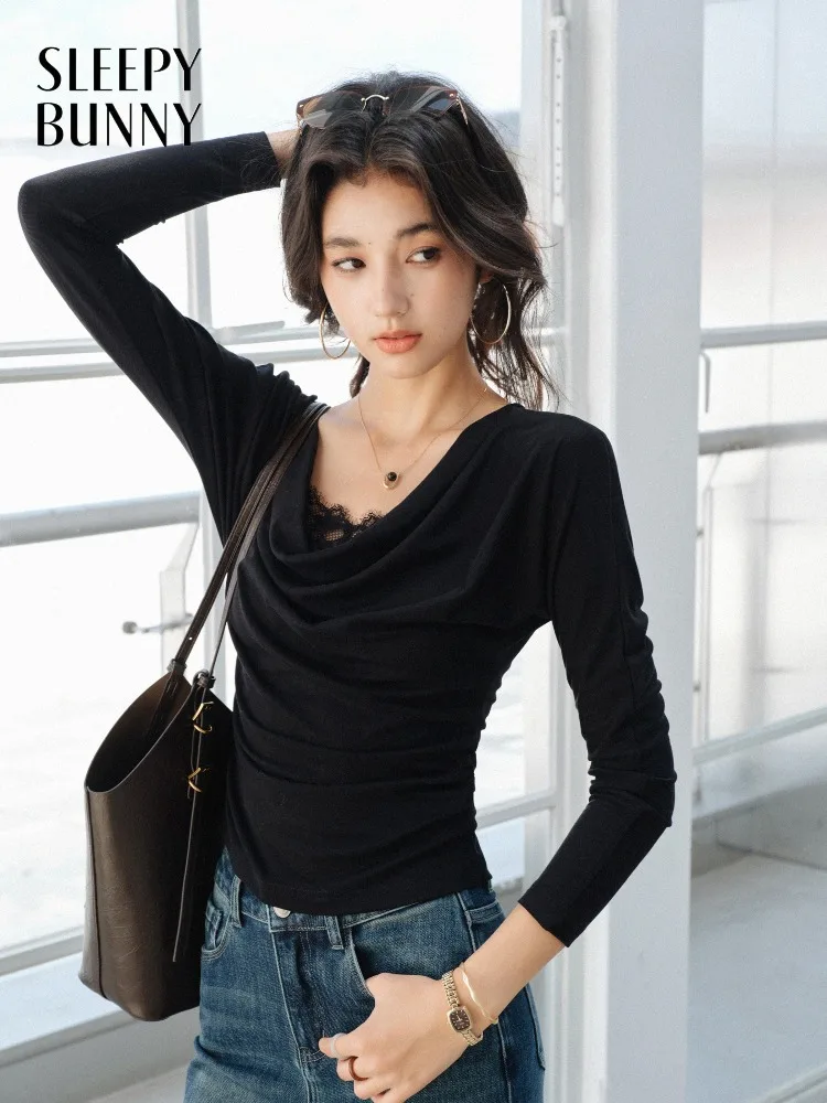 

Драпированная футболка с капюшоном и воротником, женская приталенная футболка с длинными рукавами, мягкая футболка из лиоцелла, элегантная многослойная базовая футболка с крылом летучей мыши для осеннего модного образа