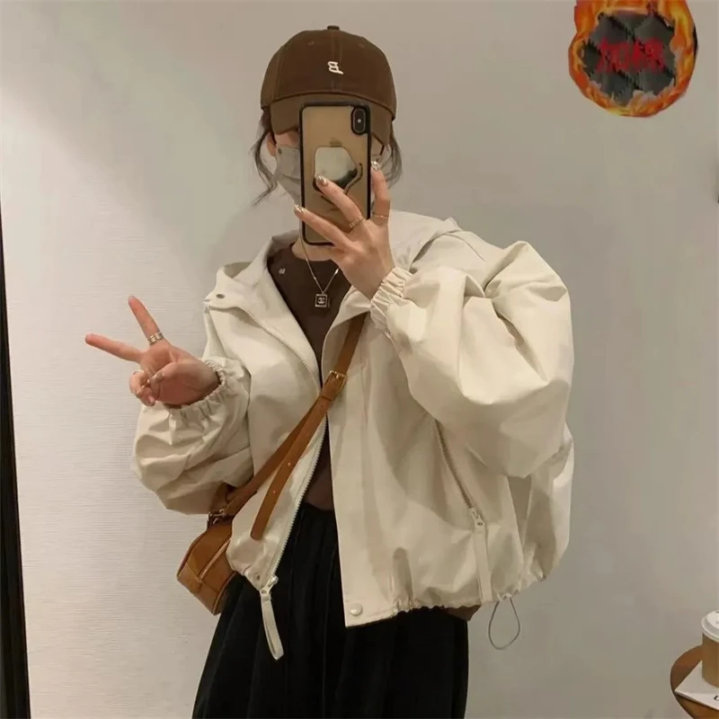 

Loose Women Short Trench Coat Spring New Windbreaker Jackets Lined Long Sleeve Solid Zipper Hooded Outwear Joker Casual Trend