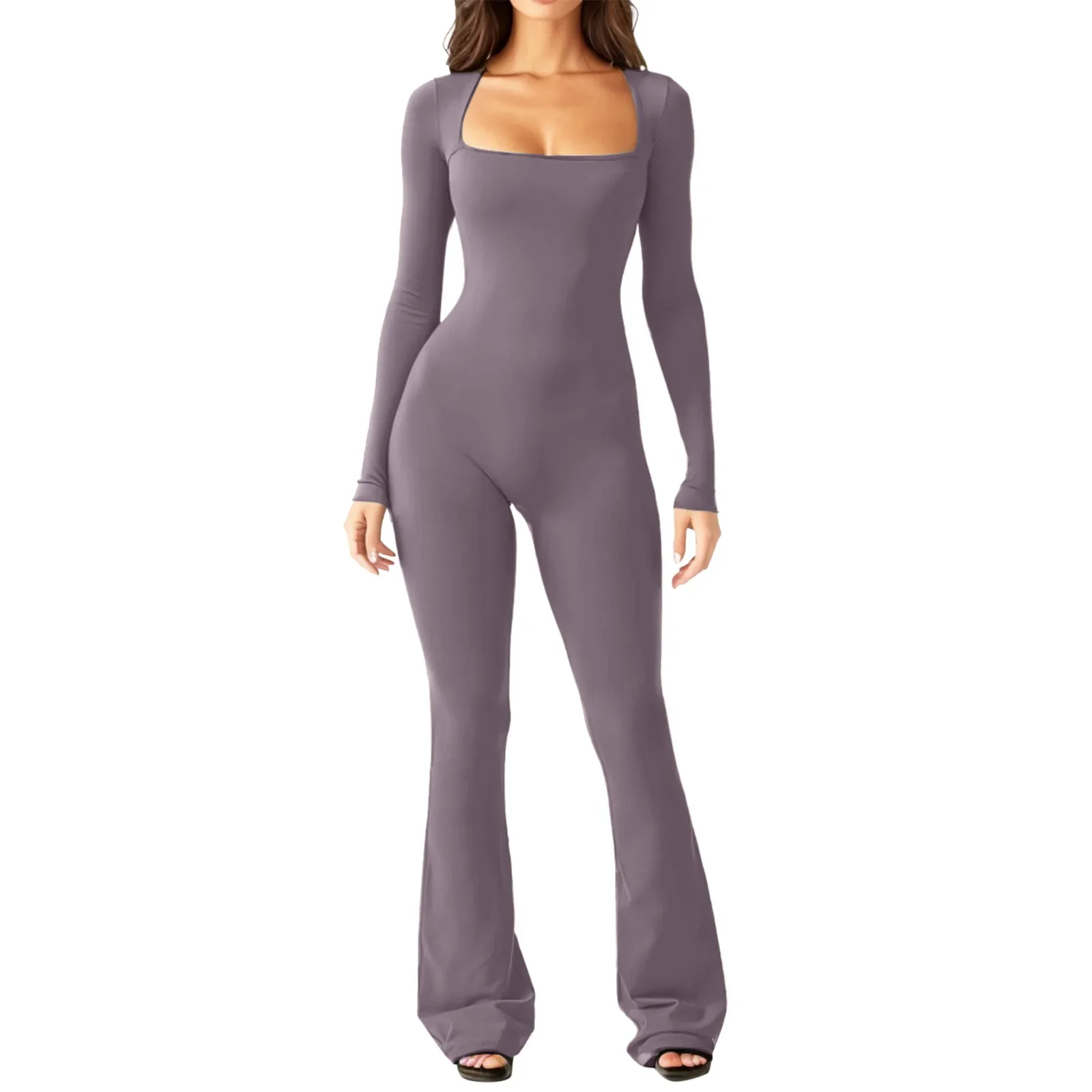 Women's Yoga Suit Long Sleeve Belly Tie Waist Hip Lift Square Neck Wide Leg High Elastic Jumpsuit image 5