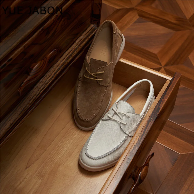 Brown Trendy Men's Genuine Leather Bean Shoes Lace Up Casual Loafers round Toe Breathable Cow Flat Bottom Summer Autumn Shoes