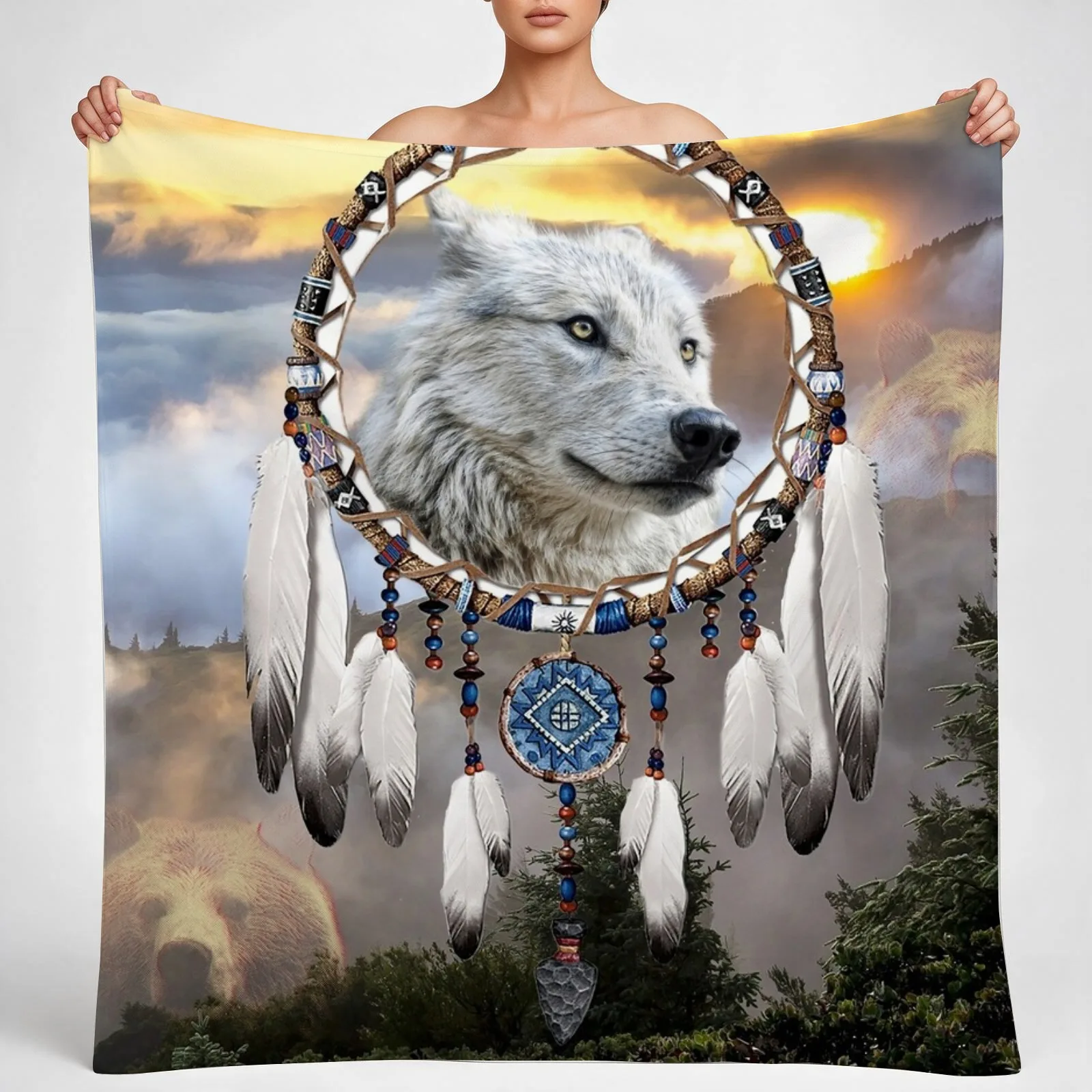Wolf, Bear and Dream Catcher Throw Blanket couch cozy soft plush fuzzy picnic outdoor blanket