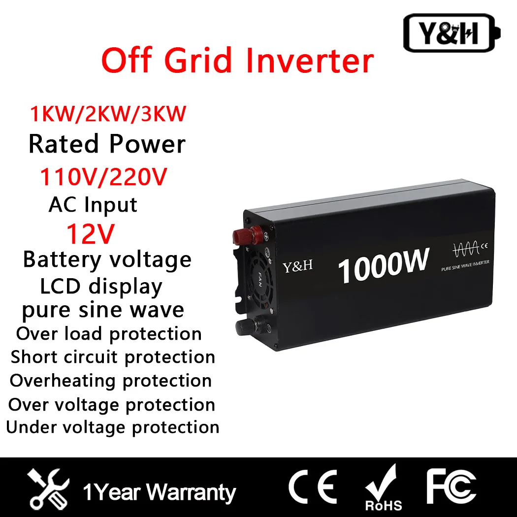 Y&H 1KW 2KW 3KW Off Grid Solar Inverter Pure Sine Wave Power Converter DC12V AC 120V/230V for Home Backup Power, RV, Truck