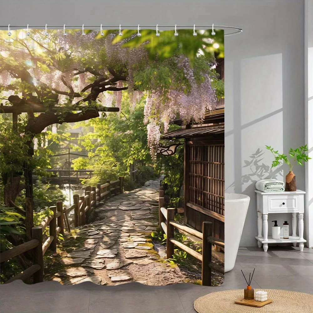 1pc Japanese Garden Shower Curtain - Extra Long Bathroom Window Curtain with Wisteria Flowers, Cobblestone Path, Sunlit Greenery
