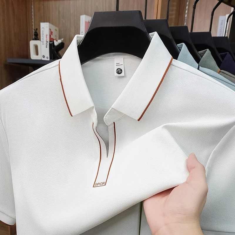 Luxury solid color short sleeve men's polo shirt fashion brand letter embroidery summer breathable casual unique lapel T-shirt
