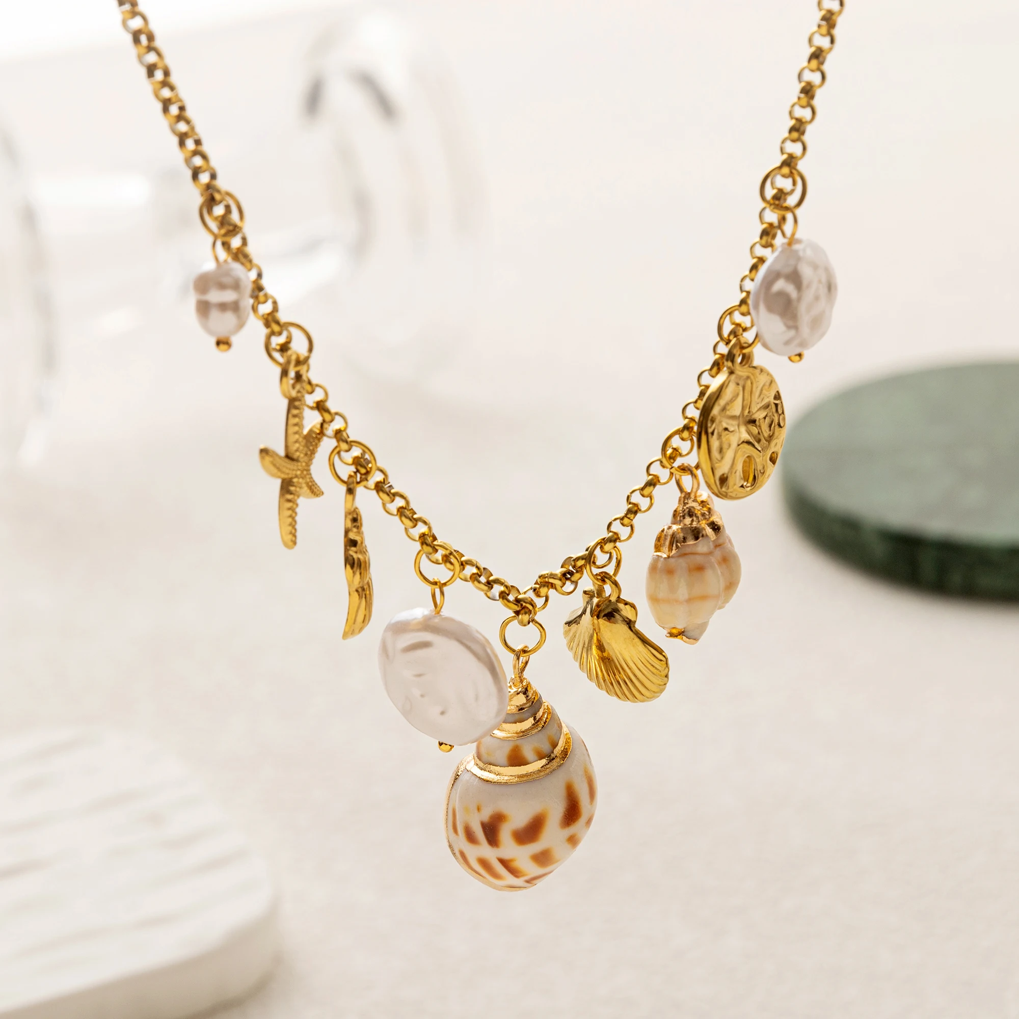 Stainless steel summer beach breeze shell starfish conch pearl necklace vacuum plated 18K gold color retention