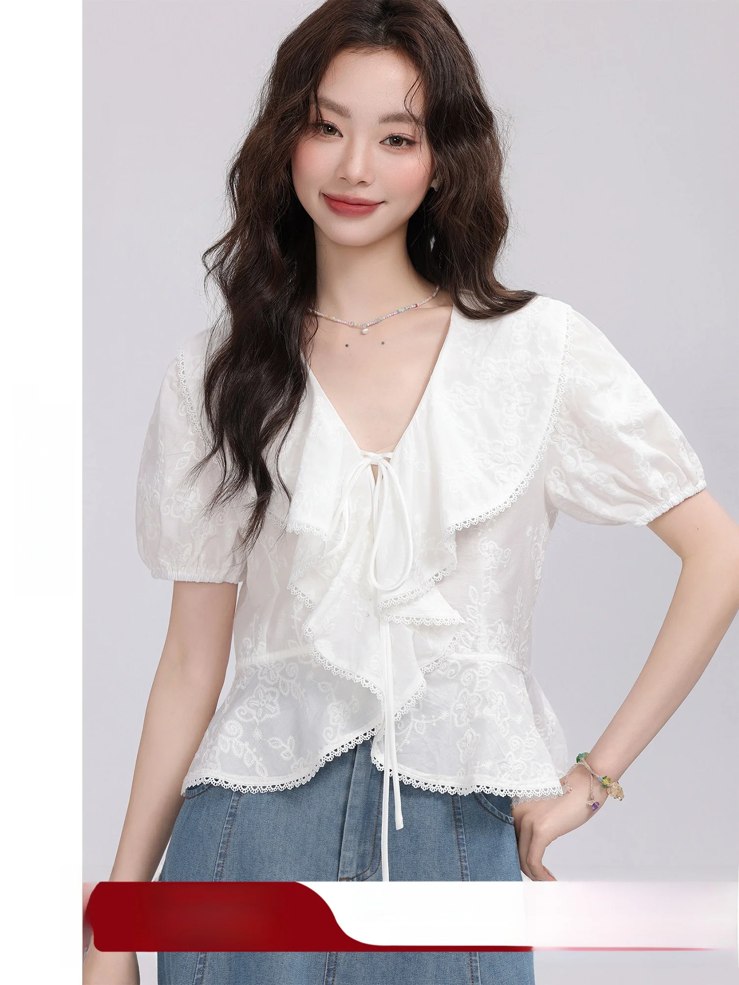 

Gentle Faion White Lace Trim irt Women's 2025 Summer New Sle Versatile Soft Cotton ort Sve V-Ne Straight Cut irt