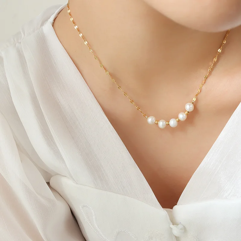 Elagent Imitation Pearl Beads Women Necklace Stainless Steel Gold Color Thin Link Chain Neck Choker For Women Jewelry Gifts