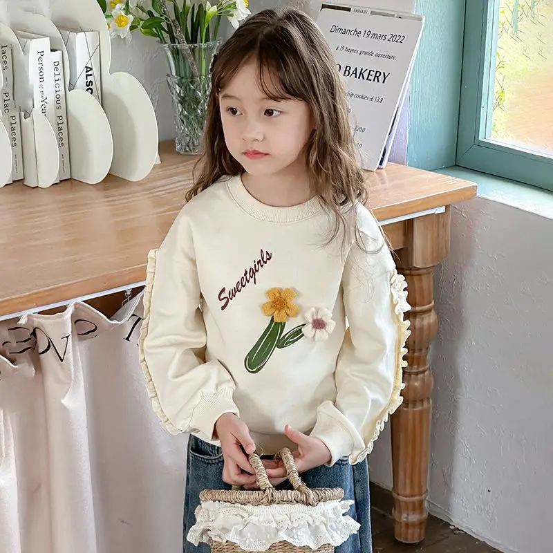 

Утолщенный хлопковый осенний свитшот для девочек с кружевом с рюшами и цветочным принтом — модный светский топ для ношения внутри и снаружи