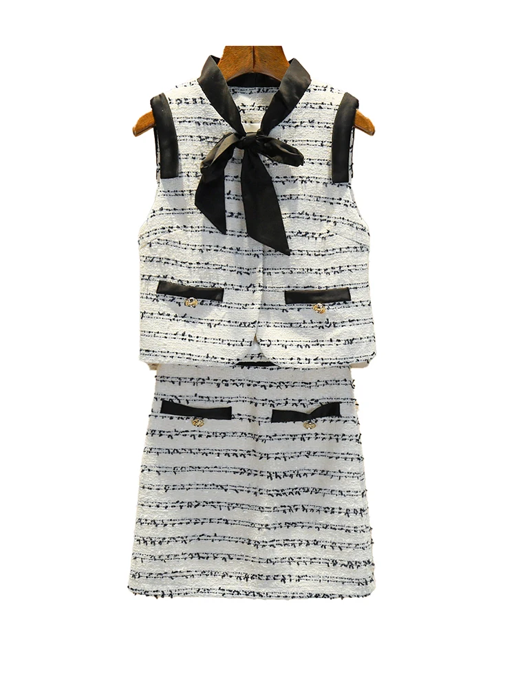 

Высококачественный женский жилет в полоску с узлом, топ и юбка, модный летний наряд, шерстяной круглый комплект Ne Two-...