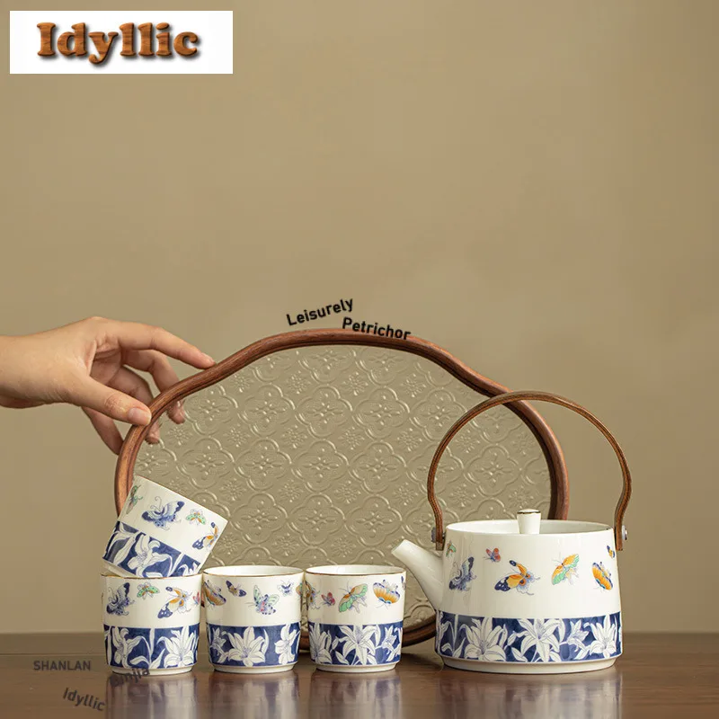Jade Porcelain Blue And White Butterfly Dance Tea Set Complete Set Boutique Tea Ceremony Set Teapot And Tea Cup Set For Tea Gift