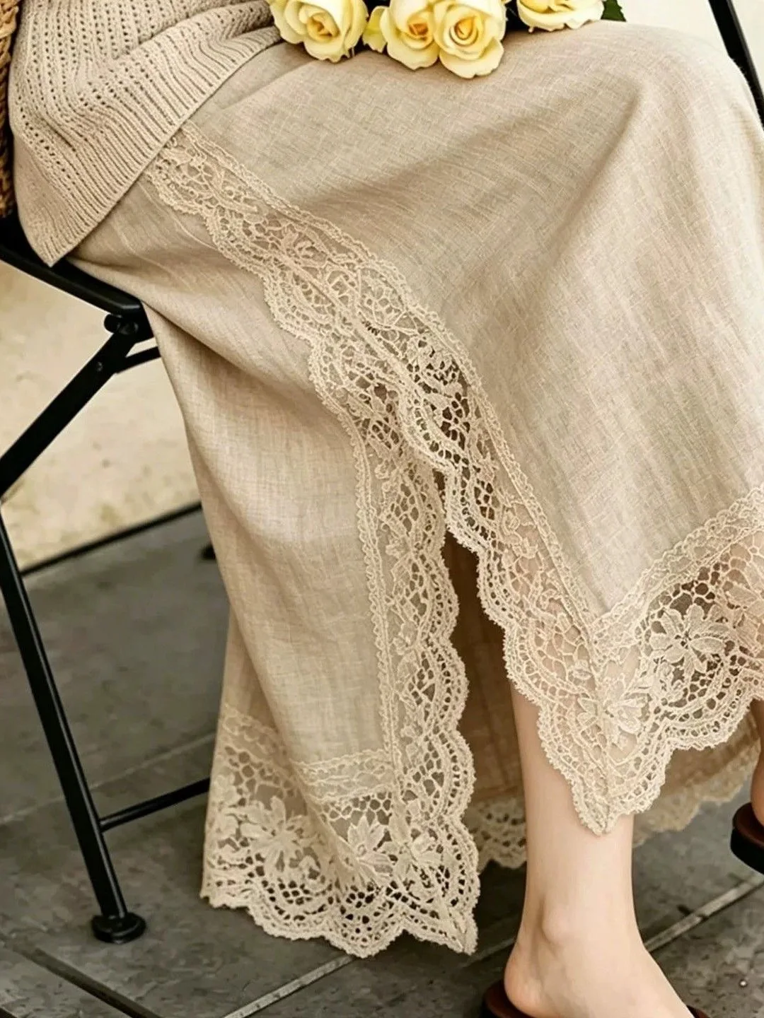 Lace Splicing Linen Midi Skirt Women's Summer Fashion New Style mid Waist Straight Cut Skirt Breathable Comfortable Linen Mat...