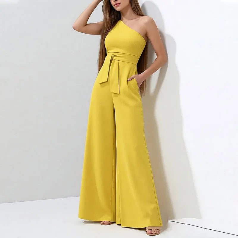 2026 Spring New Women's One-Piece Suit Commute Pure Color Diagonal Shoulder Tie Straight Leg Jumpsuit High Waist Long Pants