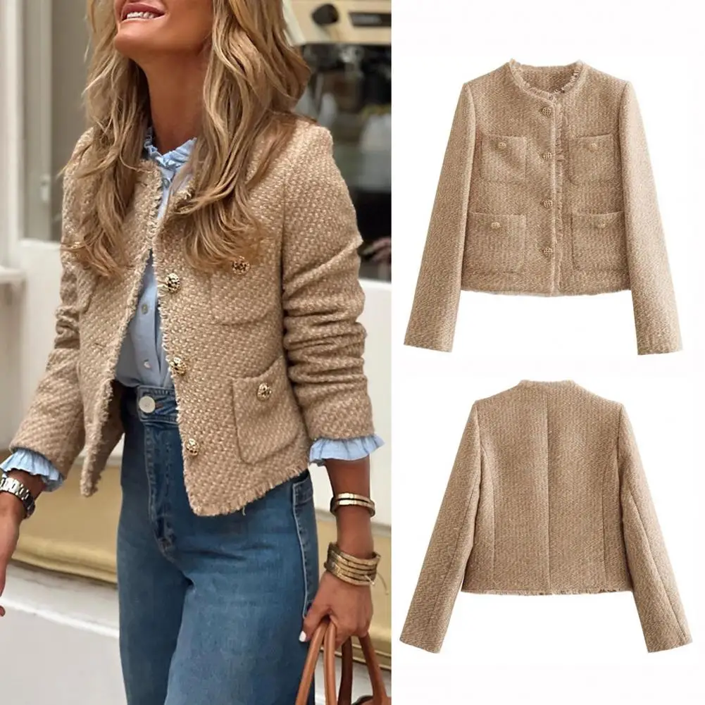 

Твидовый блейзер в корейском стиле, укороченный женский твидовый пиджак, твидовая куртка с множеством карманов, весенне-осеннее деловое пальто