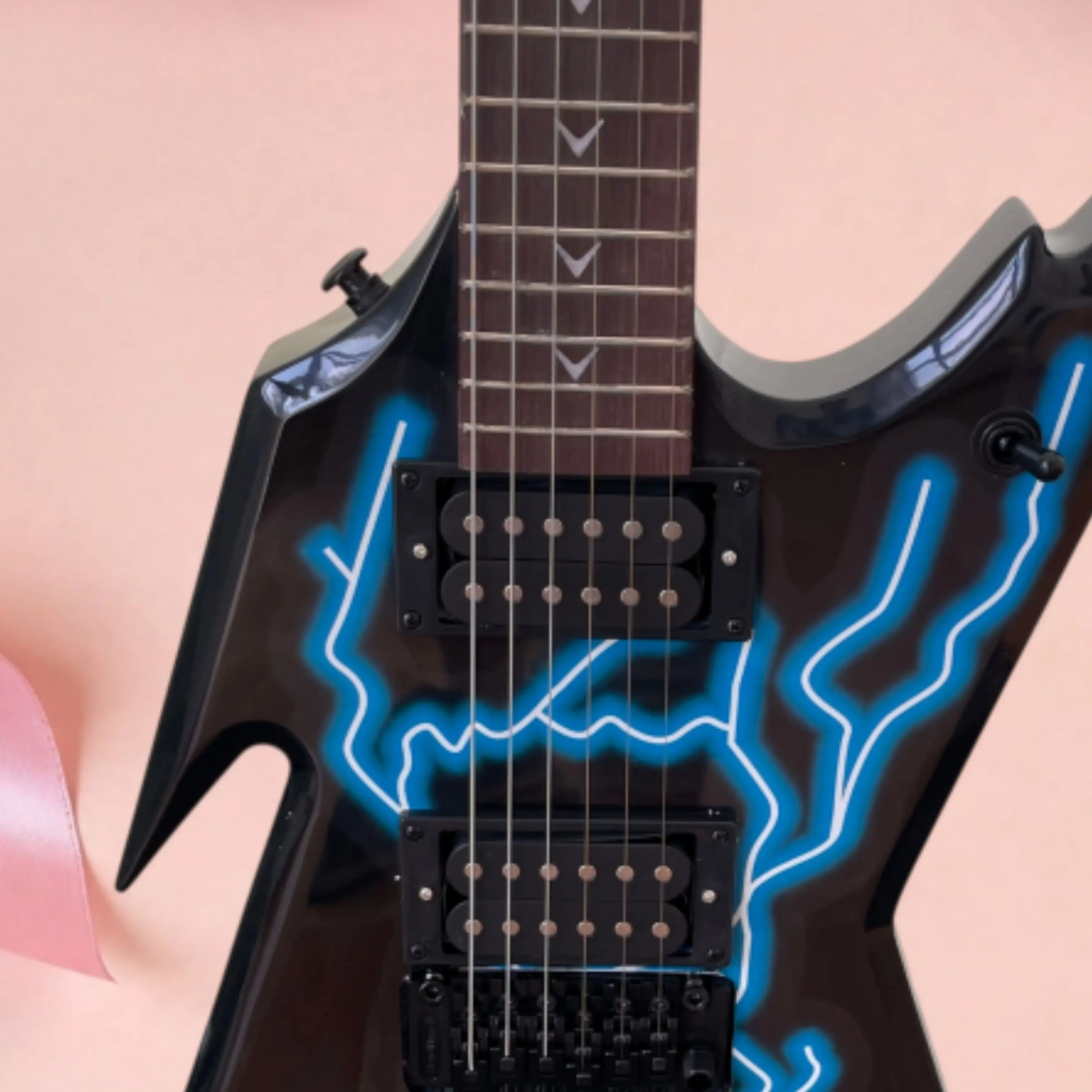 6 String Electric Guitar, Black Gloss Body with Blue Lightning Paint Graphic Guitars, Great for Rock & Metal Players Guitarra