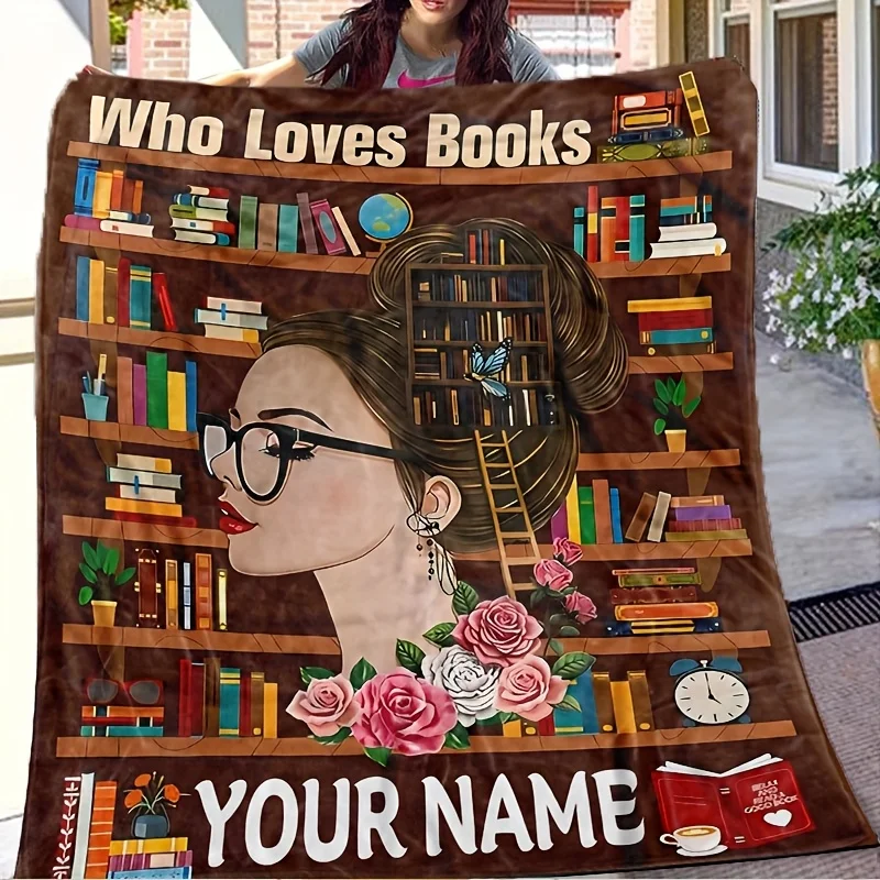 Personalisierte Flanelldecke mit individuellem Namen, Buchliebhaber, Bibliotheksdesign, Ganzjahres-Mehrzweckendecke für Weihnachten, Reisen, Zuhause
