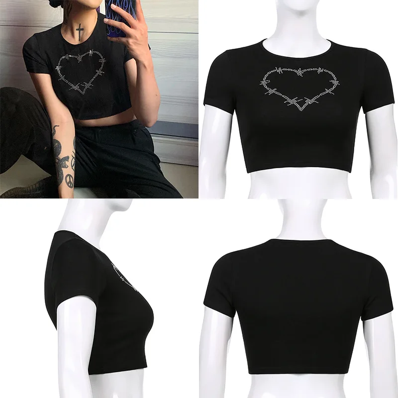 Camiseta con patrón de corazón de diamantes de imitación para mujer, Tops cortos Y2k, ropa de calle, camiseta Vintage de Hip Hop, camiseta con ombligo expuesto para mujer