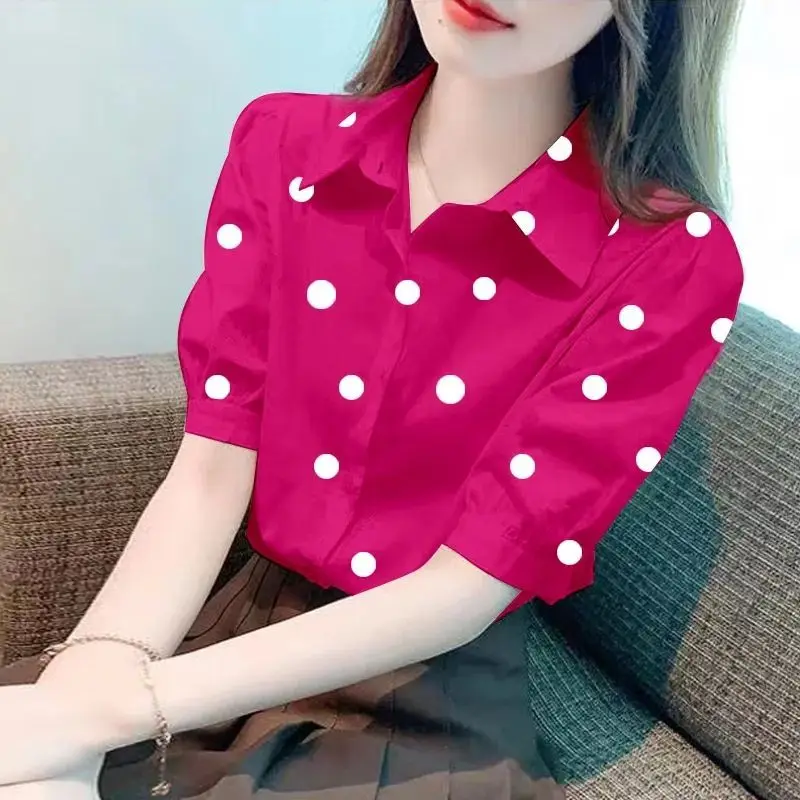 Korean Women\'s Clothing Printing Short Sleeve Shirts Ladies Casual All-match Tops Turn-down Collar Summer Office Lady Blouses