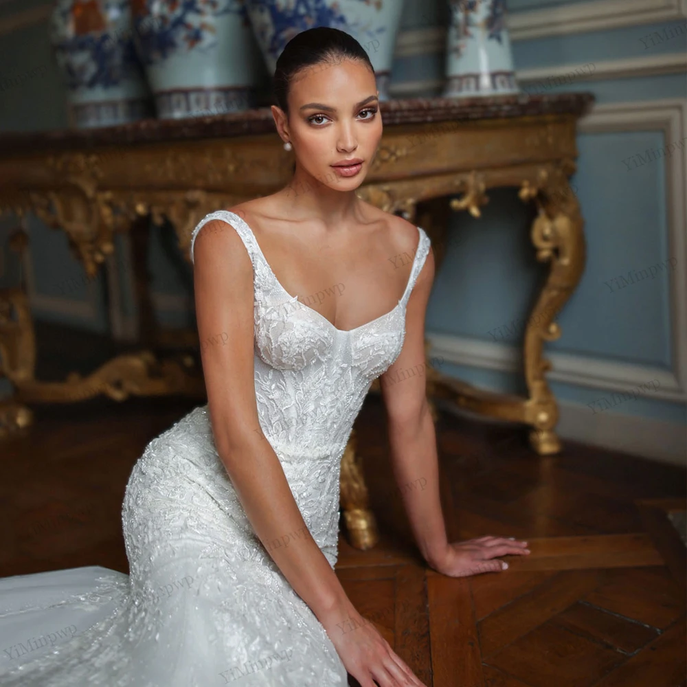 Vestidos De novia De sirena con tirantes finos con tren desmontable Vestido De novia De lujo Sereia bata con cuentas Mariage personalizado
