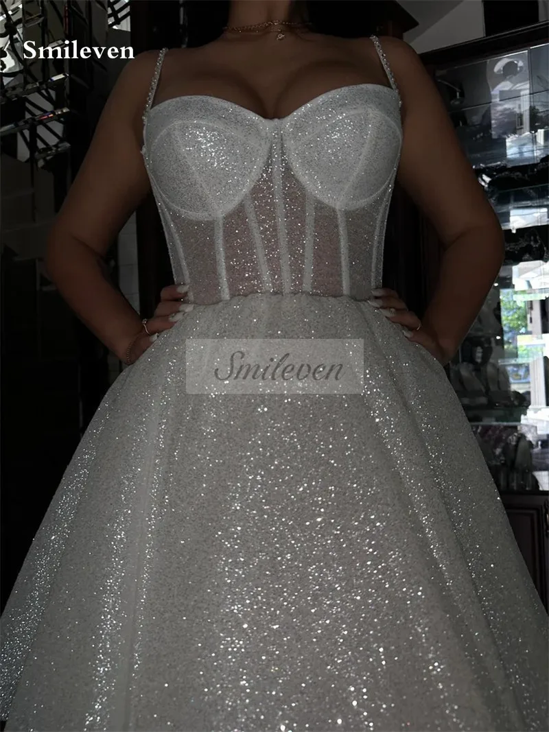 Smileven-Vestido de novia corto con tirantes finos, minivestido de novia con purpurina brillante, escote Corazón, 2024