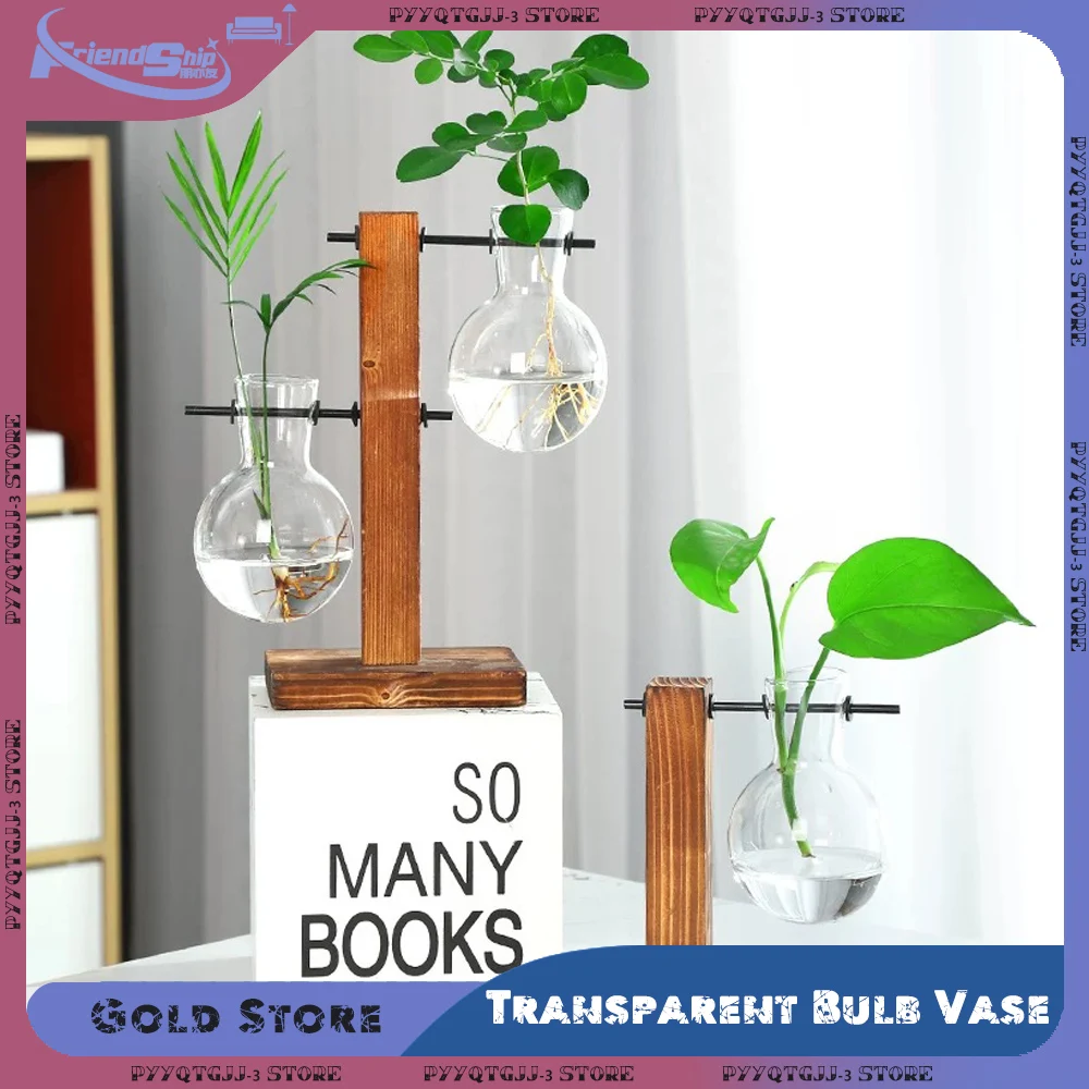 

Wooden Frame Hydroponic Planter with Glass Bulb Indoor Transparent Bulb Vase Bonsai Plant Vase for Home Tabletop Desk Decor
