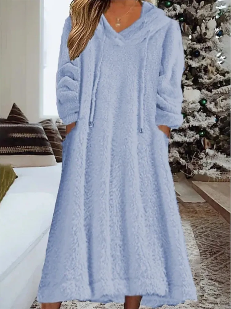 

Autumn Winter Casual Plush Hooded Long Sleeve Dress For Women 2024 Warm Home Wear Everyday Comfort Loose Maxi Dresses Robe Femme