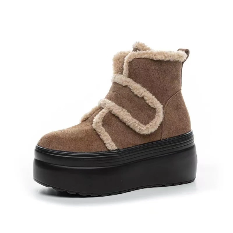 New 8cm Suede Cow Genuine Leather Fashion Autumn Boots Spring Women Ankle Booties Moccasins Ladies Winter Plush Shoes Chimney