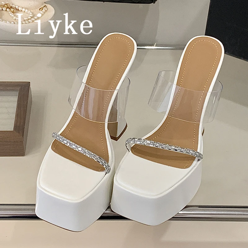 Liyke Summer PVC Transparent Square Toe Platform Woman Slippers Fashion Crystal Thick High Heels Party Dress Shoes Zapatos Mujer