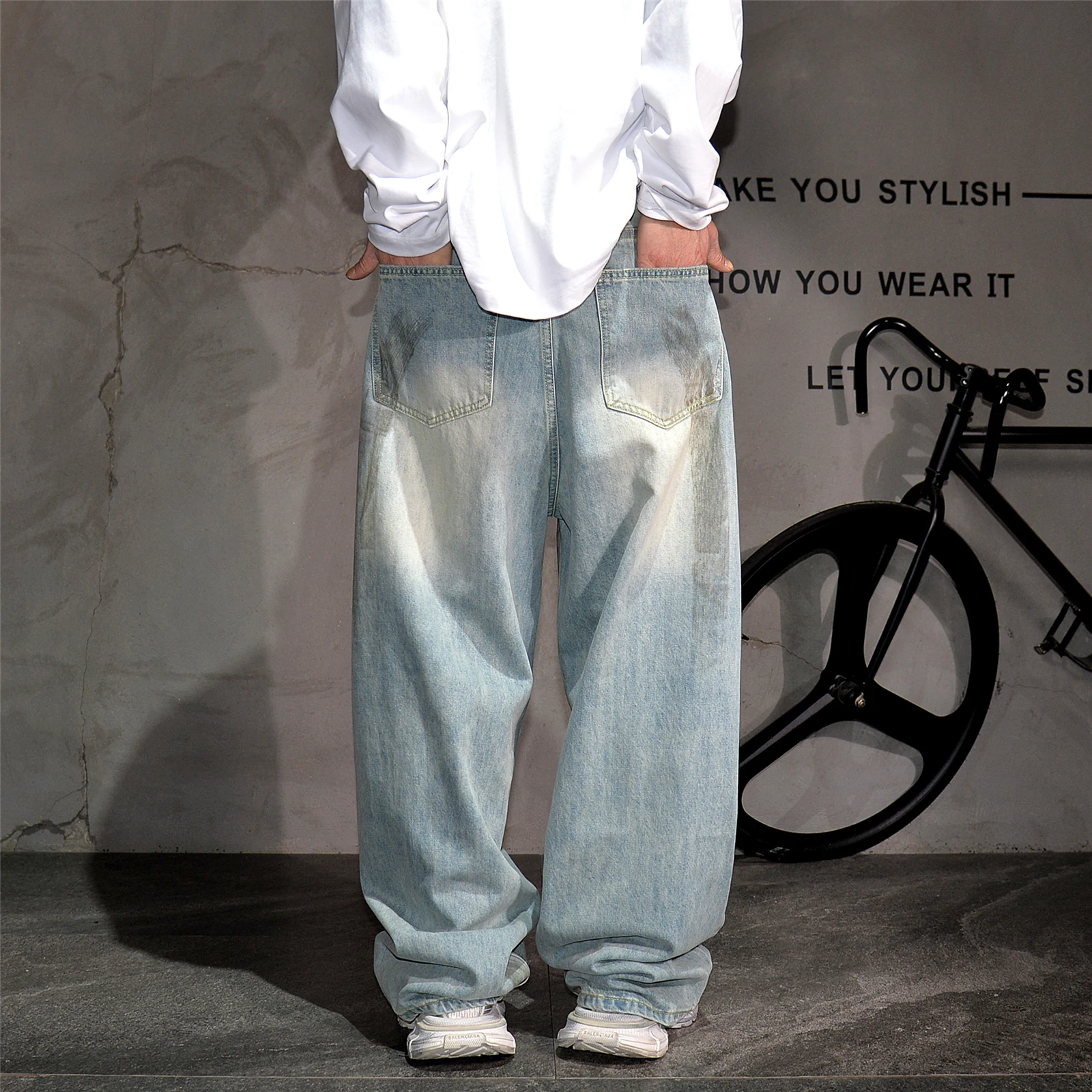 High End Men'S Clothing Distressed Baggy Jeans For Men Hip Hop Beggar Ripped Stacked Jeans Streetwear Skateboard Denim Pants