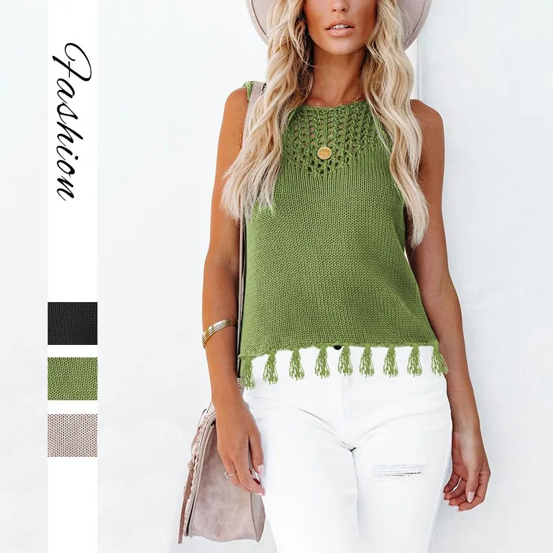 

Solid Color Vest Sweater Round Neck 2026 Spring Summer New Women's Fashion Casual Tassel Sleeveless Short Hollow Out Top