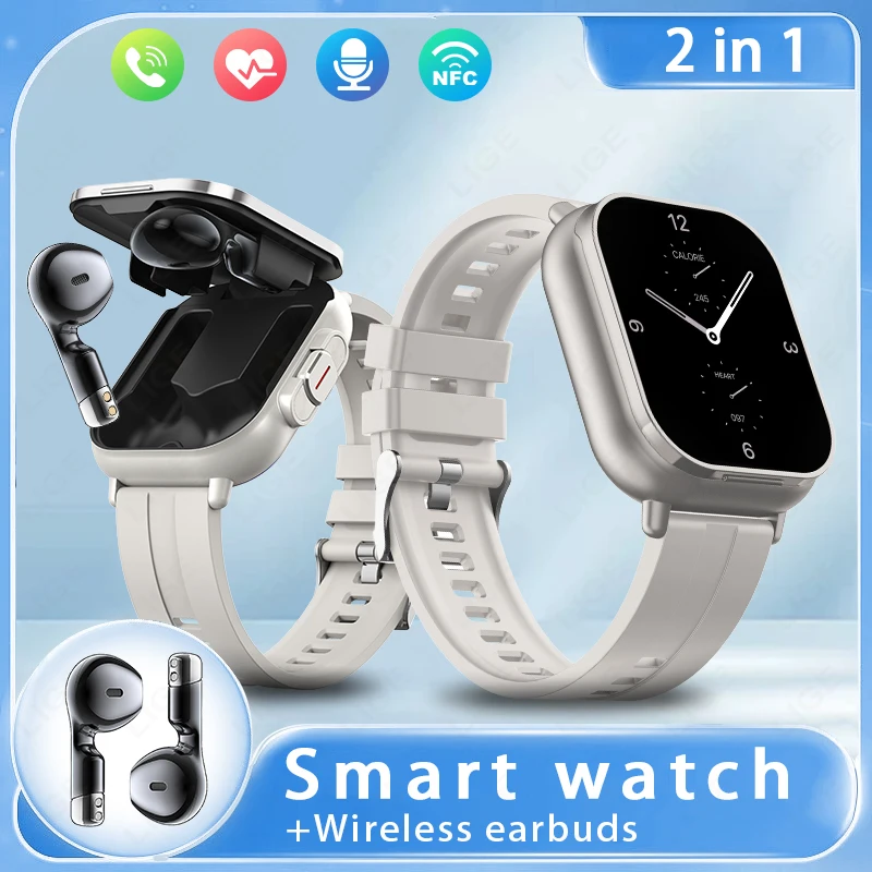 LIGE Smart Watch Men 2 in 1 With Earbuds Heart Rate Monitor TWS Bluetooth Call Wireless Earphone Music Play Sport Smartwatch Man