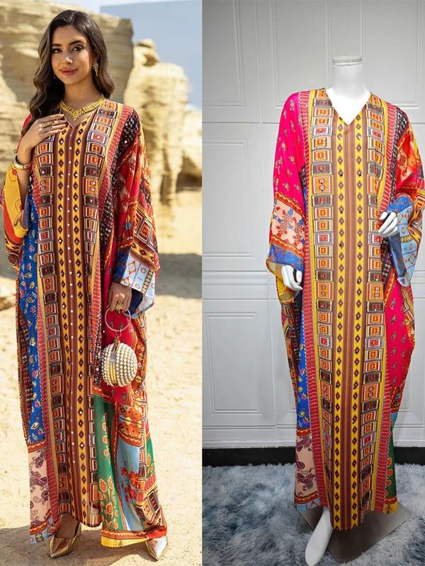 

Heavy Embellished Batwing Sleeve Print Dress Diamond Accented Color Block Long V-Neck A-Line Gown Southeast Asian Style Summe...