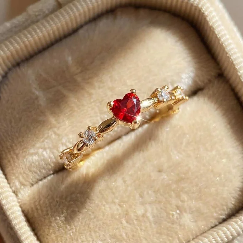 Anillos de corazón de amor rojo con circonita de oro de 18 quilates chapados en plata esterlina 925 para mujer, joyería fina Vintage de alta calidad para fiesta y boda
