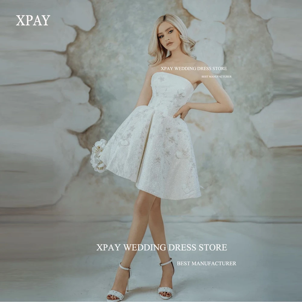 

XPAY 2023 A Line Glitter Short Wedding Dresses Strapless Floral Exquisite Bridal Gowns Country Mini Sexy Formal Party Dress