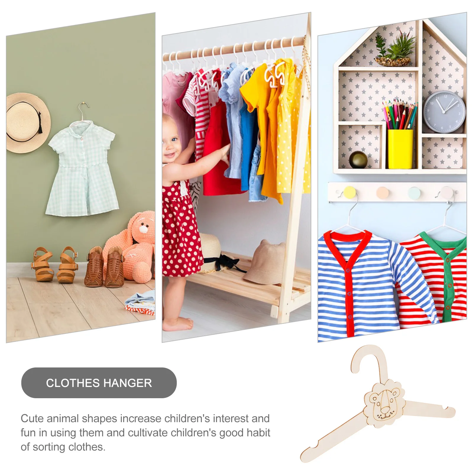 

5pcs Wooden Baby Cute Lion Design Kids Clothes Diy Decor Closet Organizer For Toddlers Infant Newborn Home Use Small Storage